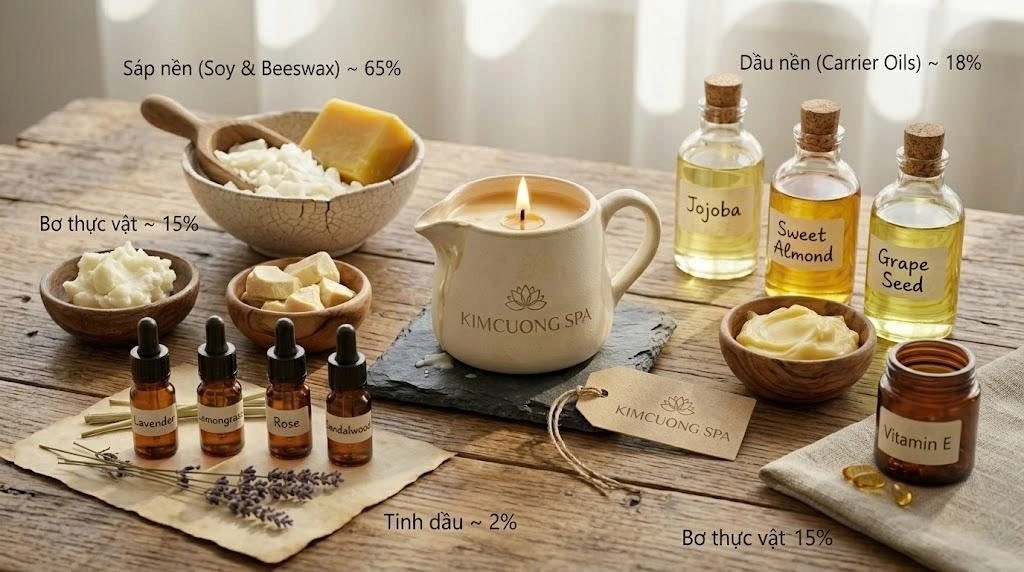 Thành phần nến massage gồm tinh dầu thiên nhiên và bơ thực vật dưỡng da